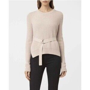 AllSaints East Jumper Ribbed Knit Sweater Belted Split Hem Light Gray Size M